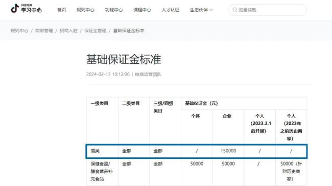 2024年2月，抖音关于对酒水类目保证金的规定（图源：抖音学习中心）